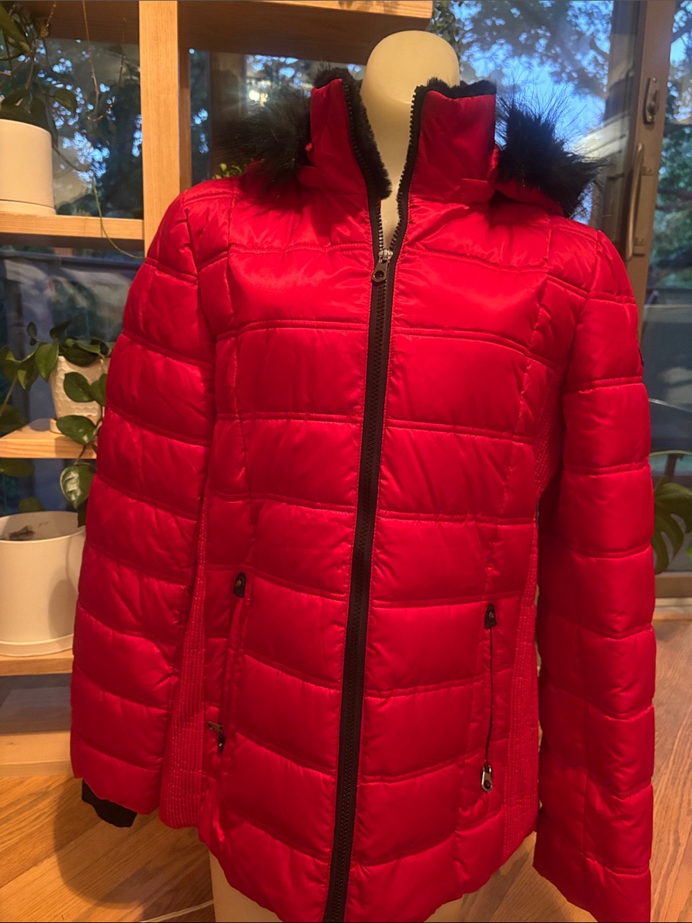 Nautica Red Quilted Puffer Jacket with Faux Fur Trim size L
